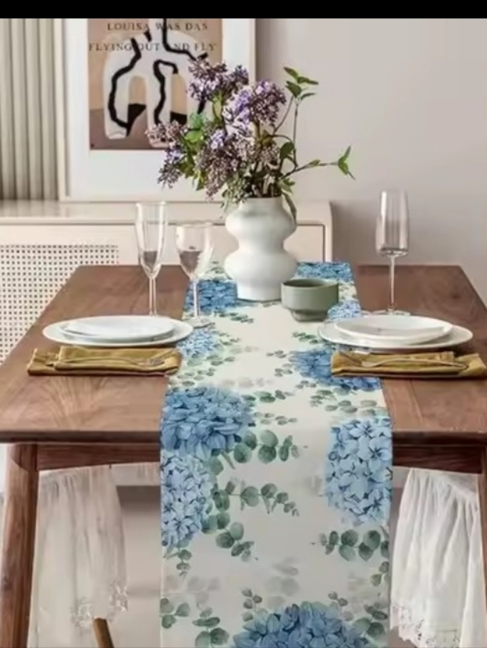 Vikama Blue Hydrangea Eucalyptus Tablerunner